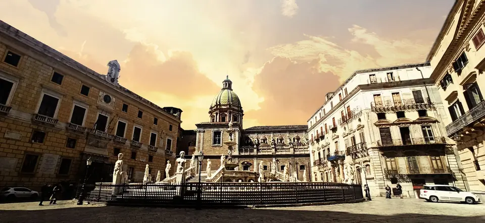 Piazza Pretoria i Palermo efter regn; bilden visar inte en pågående översvämning.